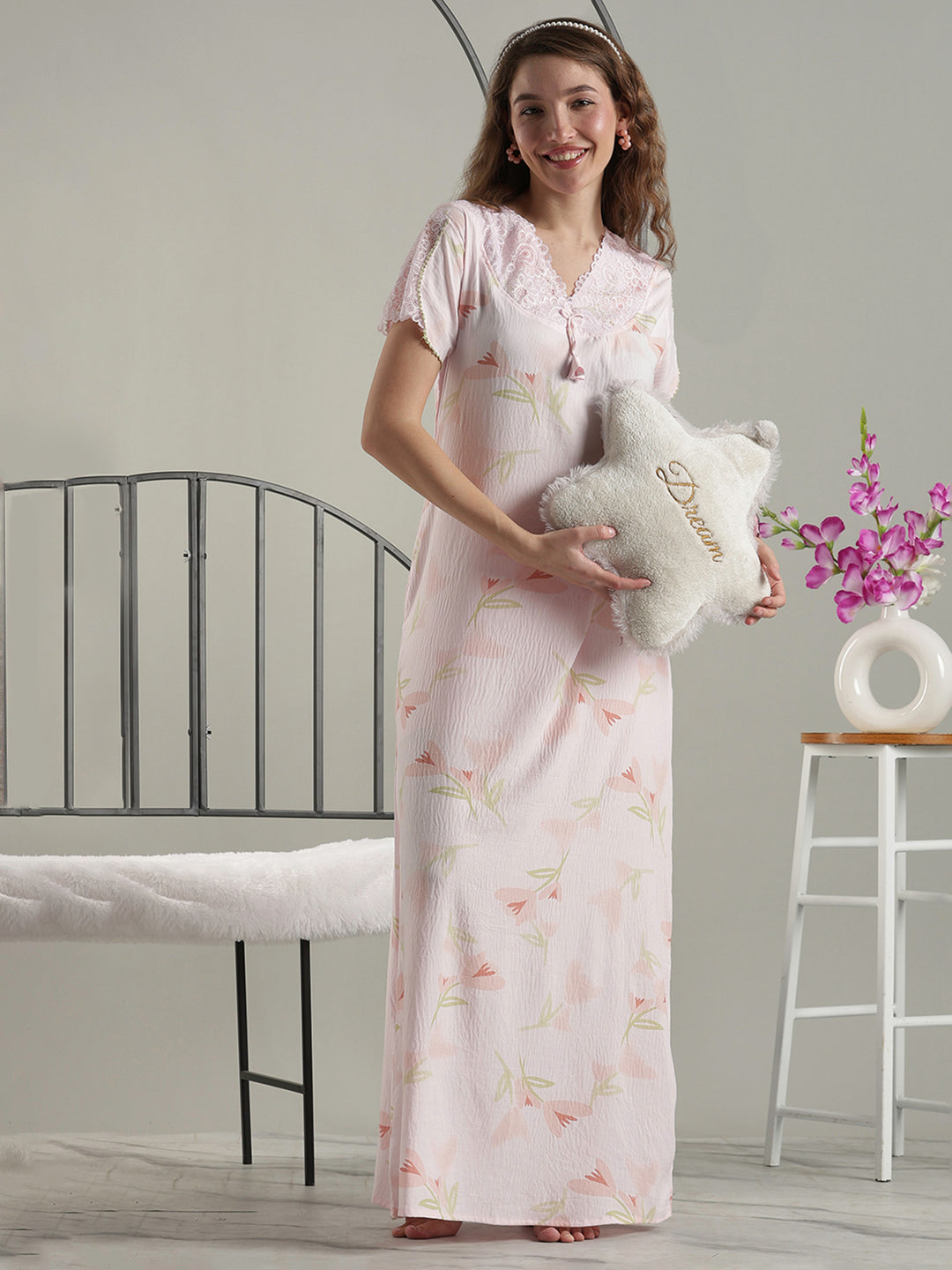 Soft Floral Pink Premium Bamboo Cotton Cozy Nighty Dress
