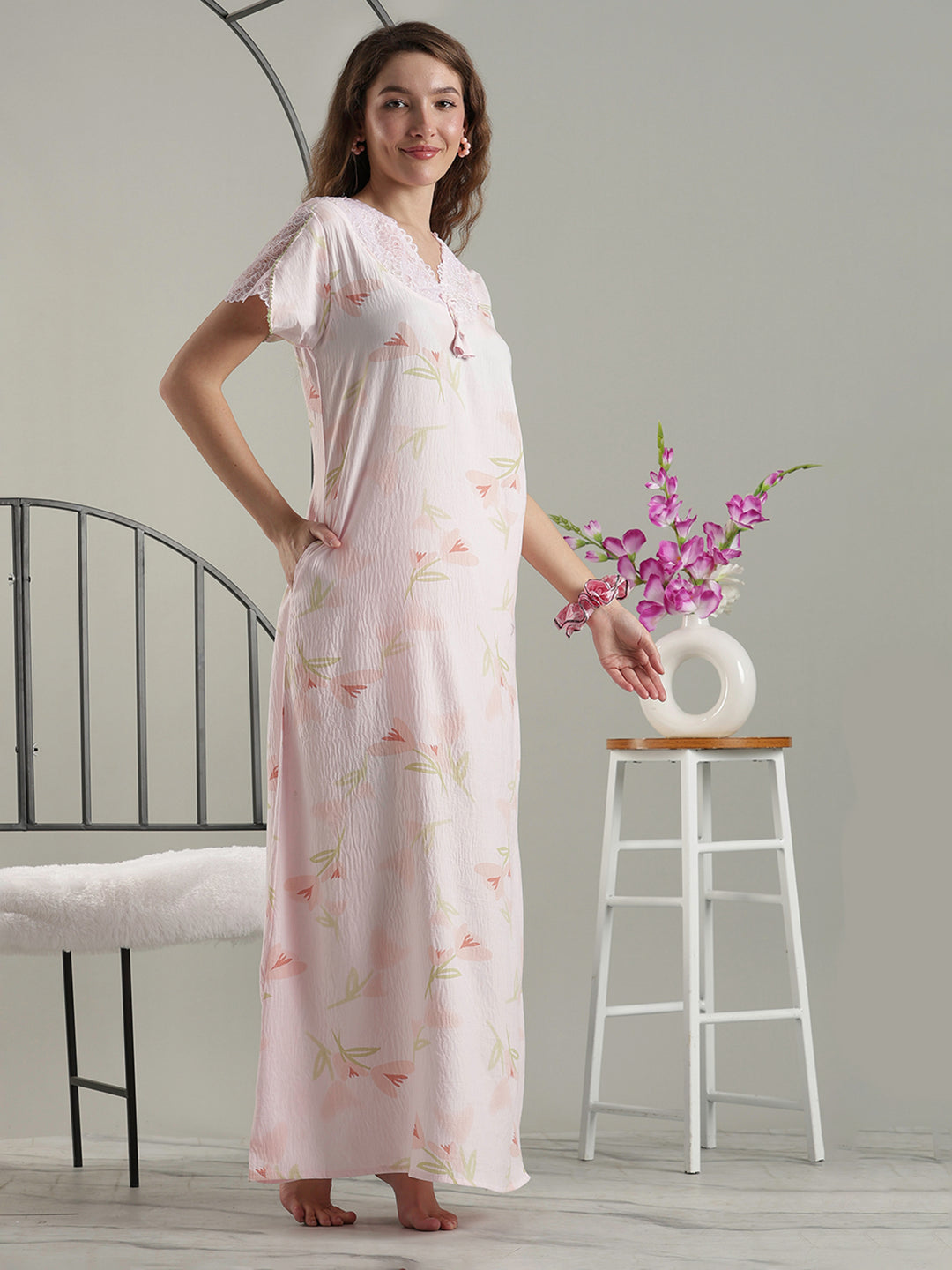 Soft Floral Pink Premium Bamboo Cotton Cozy Nighty Dress