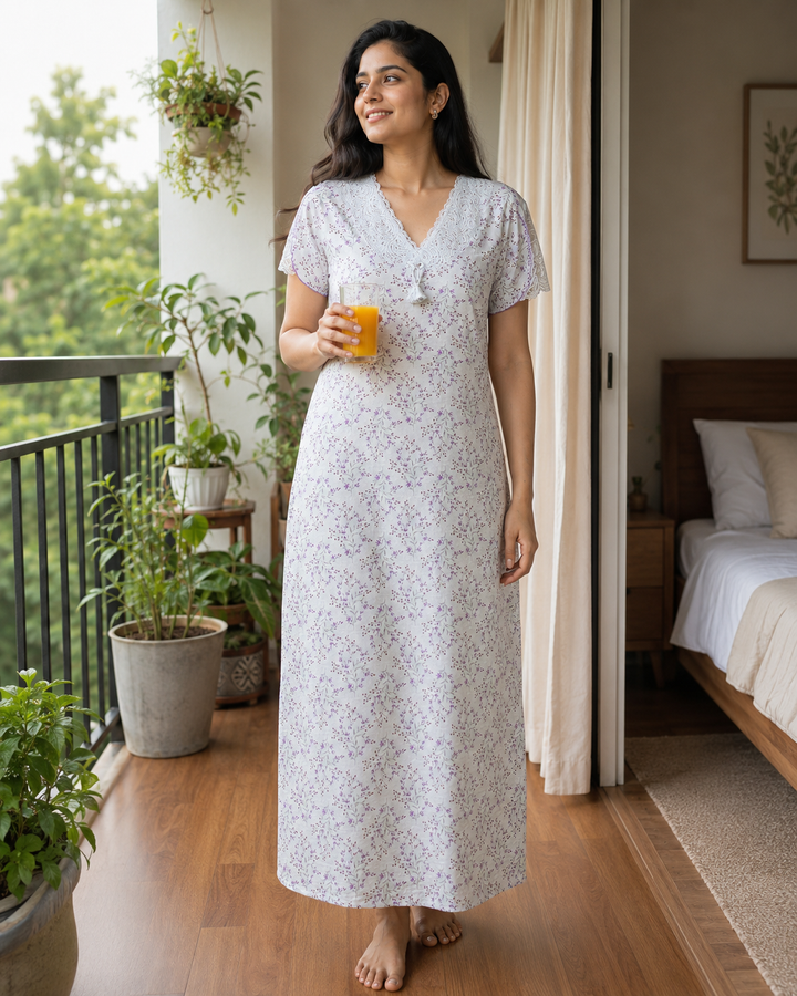 Floral green nighty dress for women in bamboo fabric