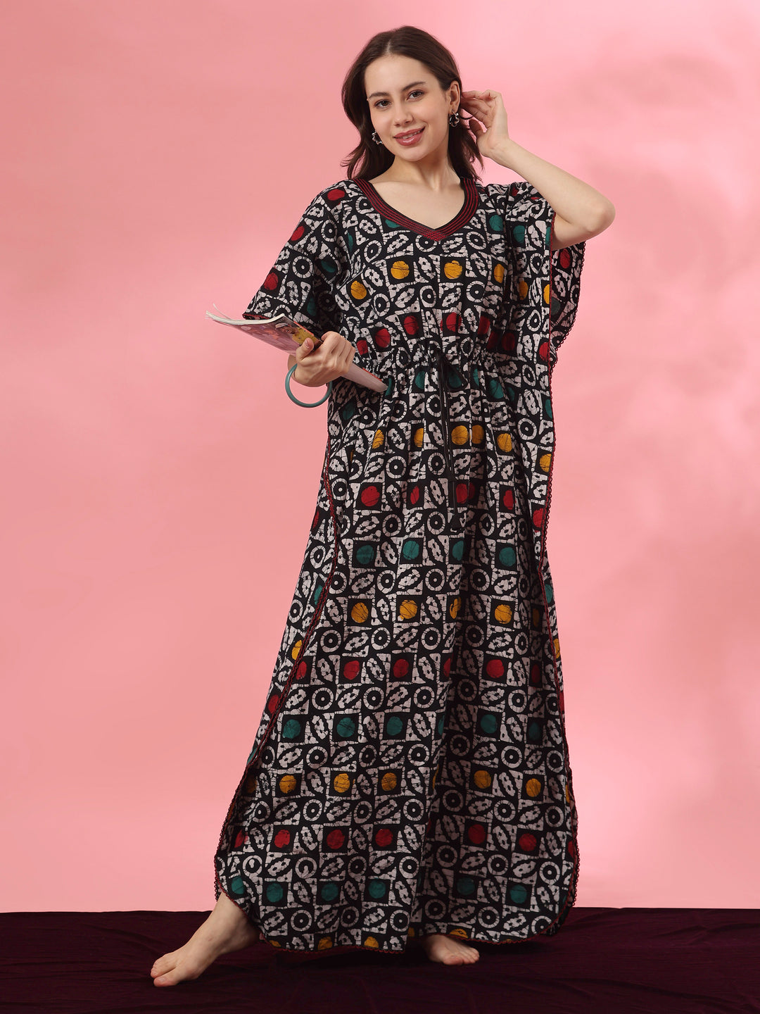Cotton kaftan nighty dress with handcrafted batik design