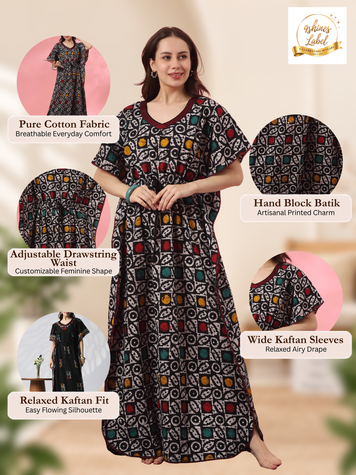 Cotton kaftan nighty dress with handcrafted batik design