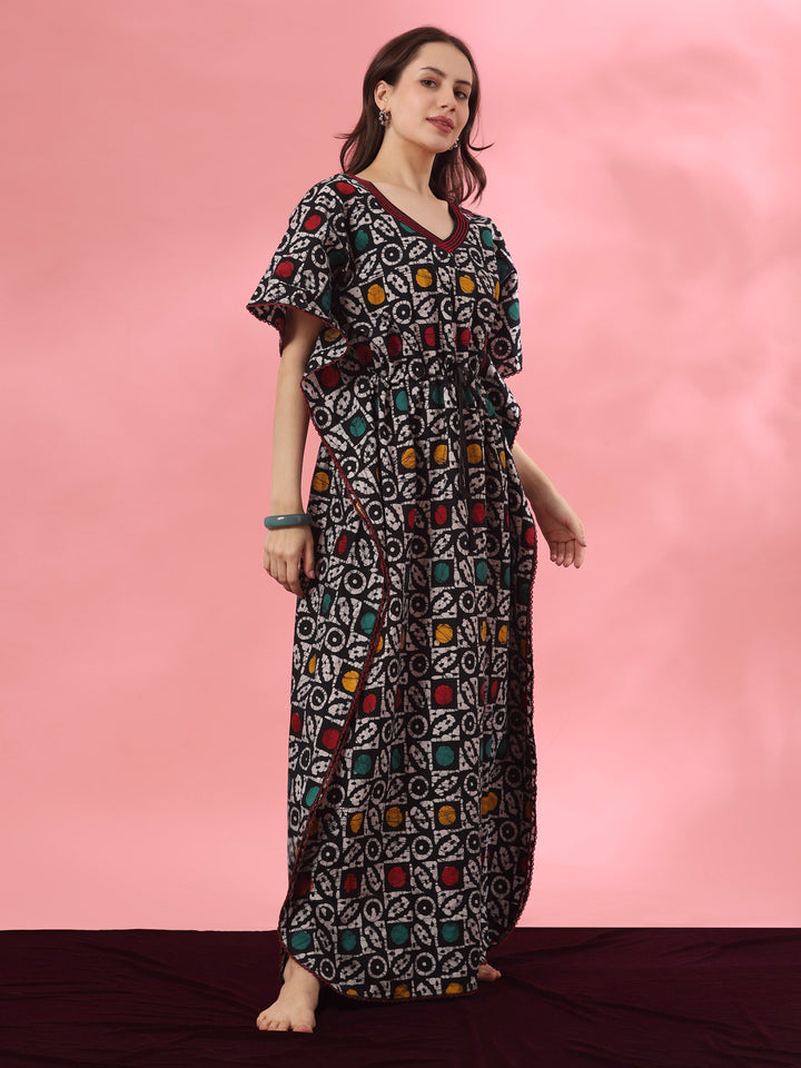 Cotton kaftan nighty dress with handcrafted batik design