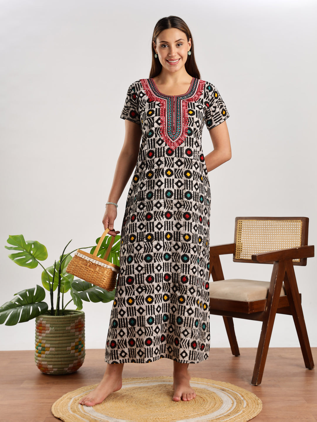 Diamond Batik Print Cotton Night Dress for Women