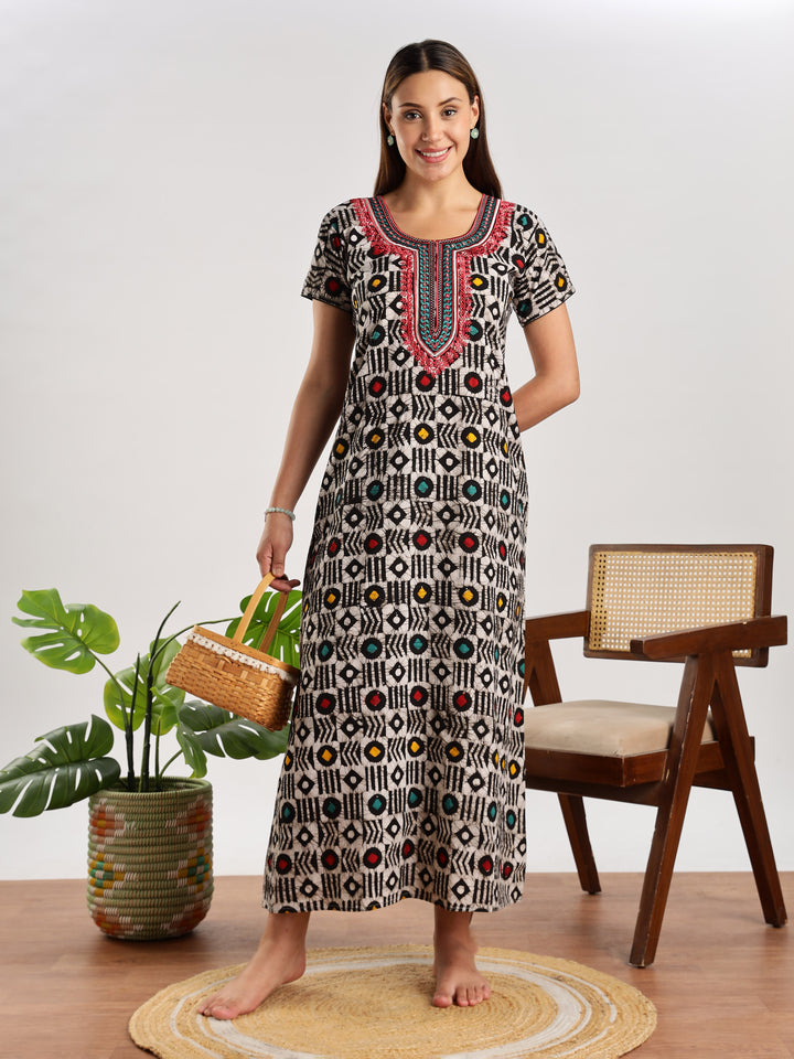 Diamond Batik Print Cotton Night Dress for Women