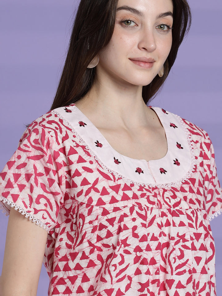 Pure cotton batik print night dress for women In white pink