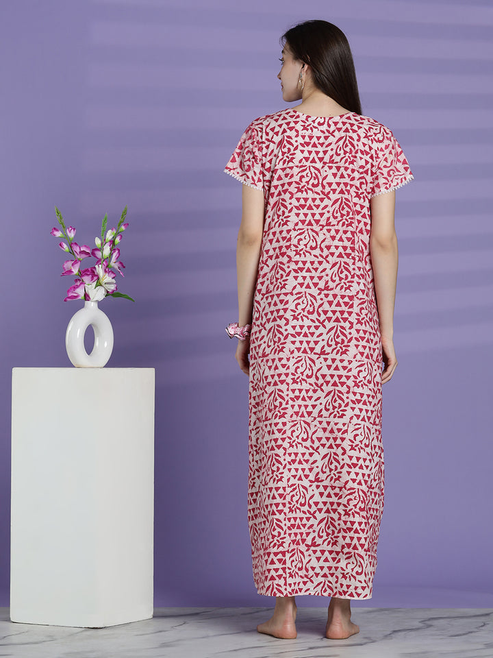 Pure cotton batik print night dress for women In white pink