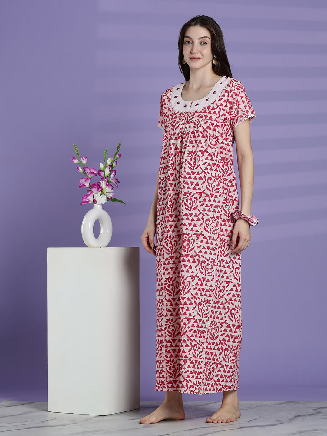 Pure cotton batik print night dress for women In white pink