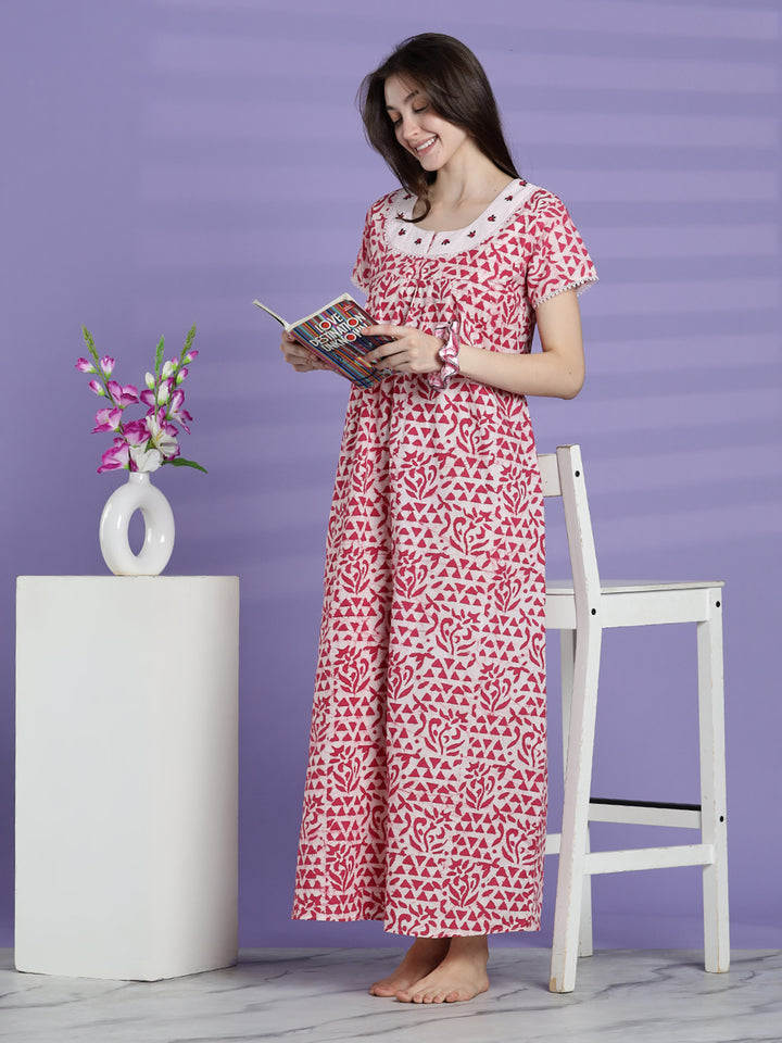 Pure cotton batik print night dress for women In white pink