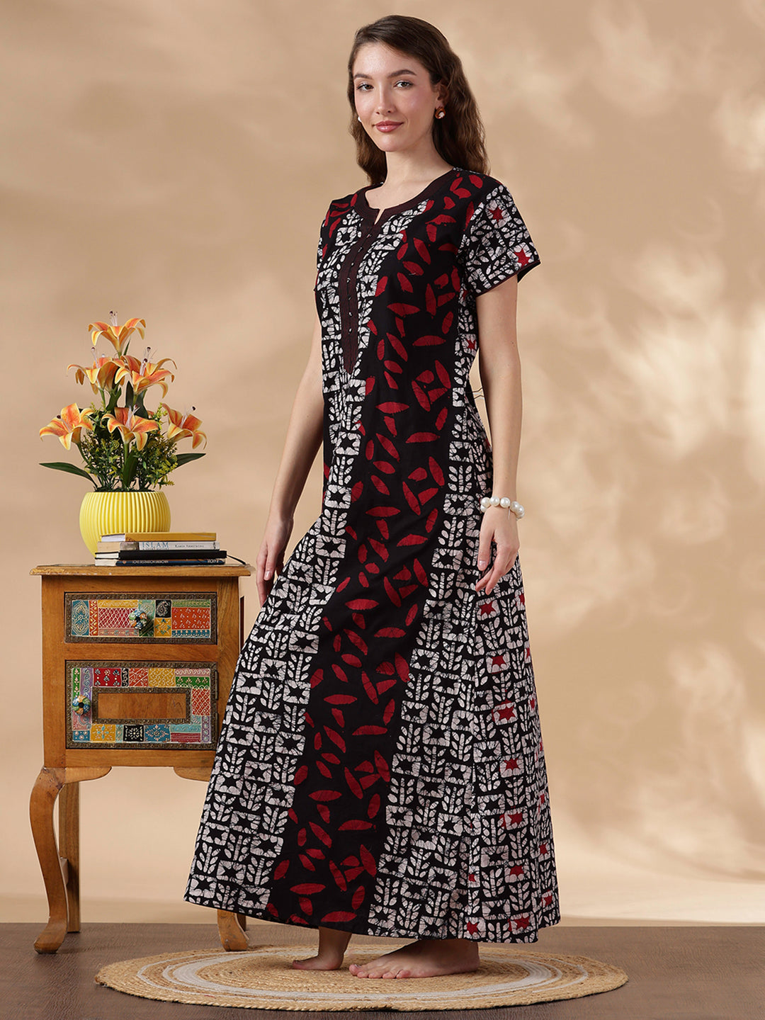 Black Batik Comfortable Pure Cotton Nighty for Women