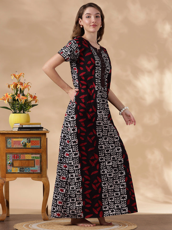 Black Batik Comfortable Pure Cotton Nighty for Women
