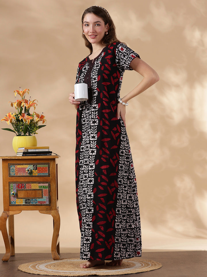 Black Batik Print Pure Cotton Nighty for Women
