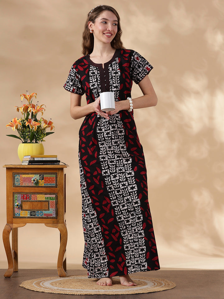 Black Batik Print Pure Cotton Nighty for Women