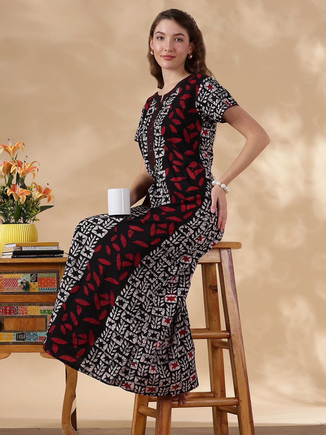 Black Batik Print Pure Cotton Nighty for Women