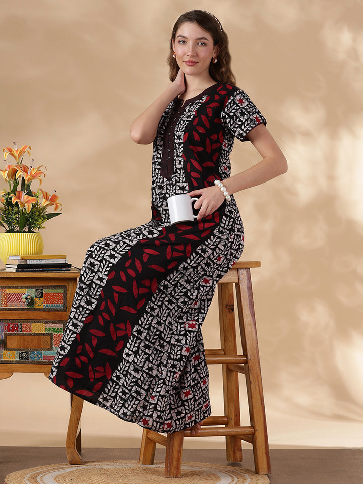Black Batik Print Pure Cotton Nighty for Women