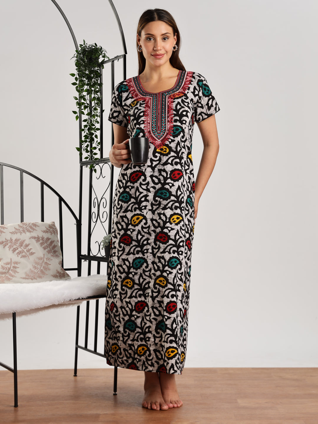 Leaf print pure cotton batik print night dress for women