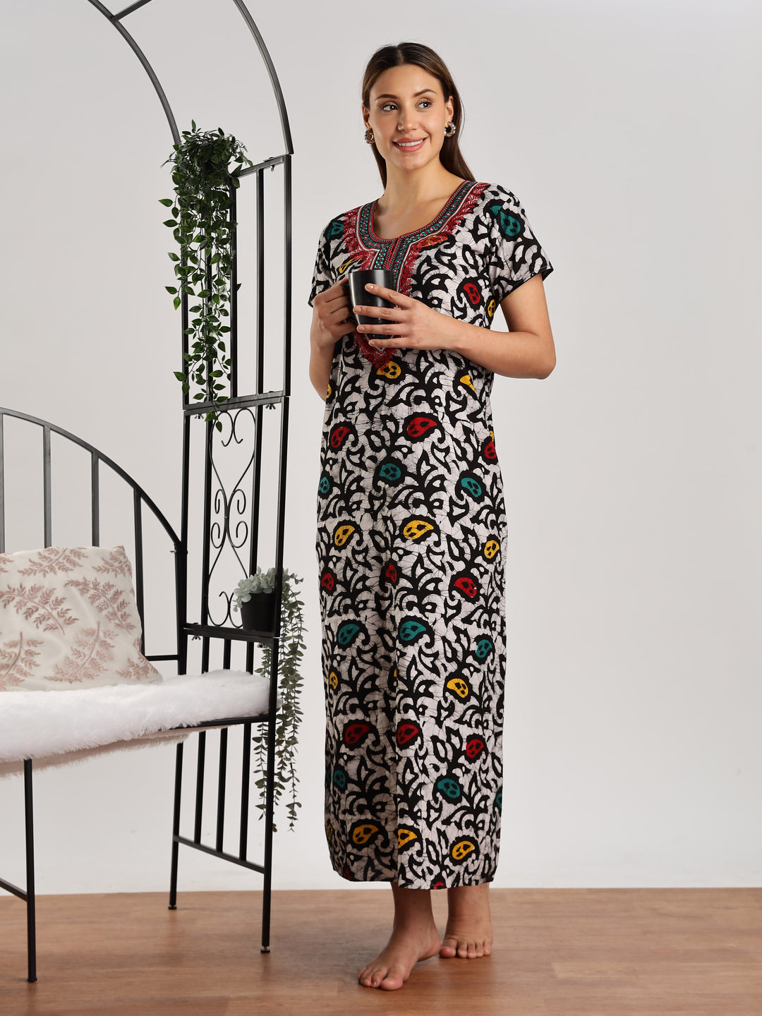 Leaf print pure cotton batik print night dress for women