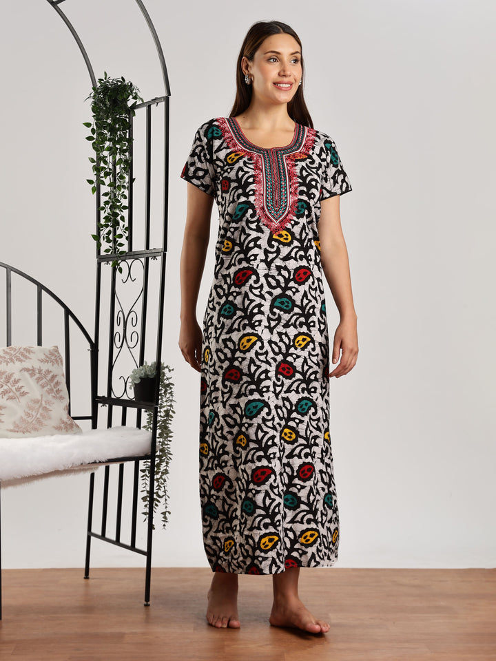 Leaf print pure cotton batik print night dress for women