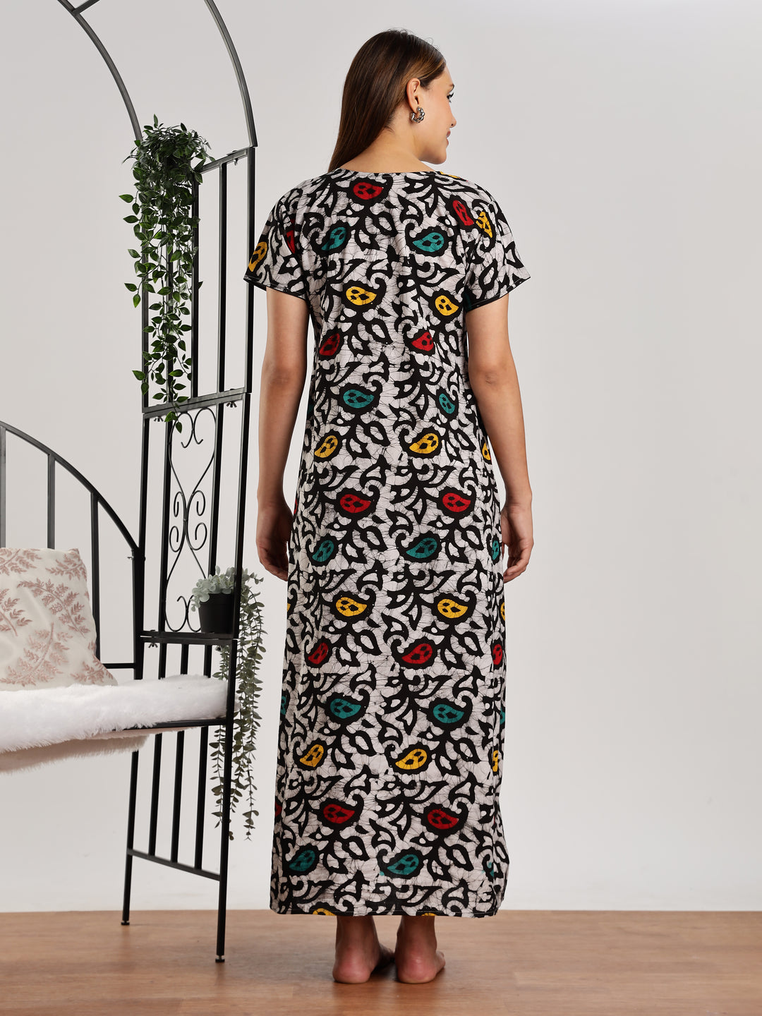 Leaf print pure cotton batik print night dress for women