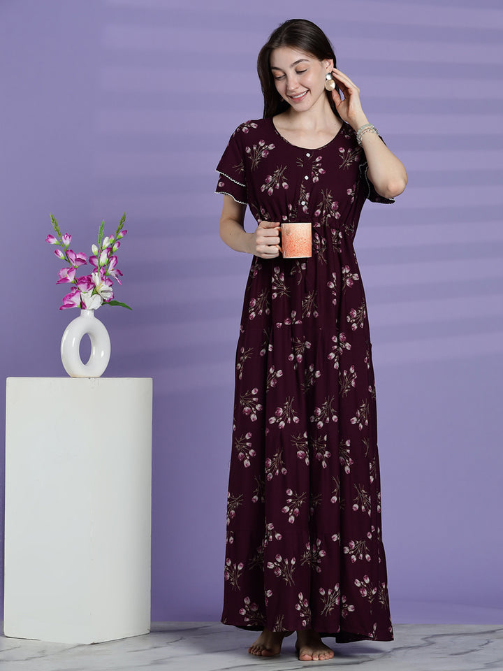 Elegant fit berry wine floral alpine nighty for women