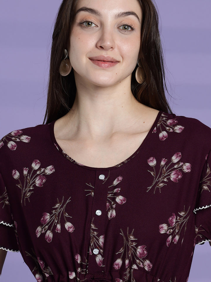 Elegant fit berry wine floral alpine nighty for women