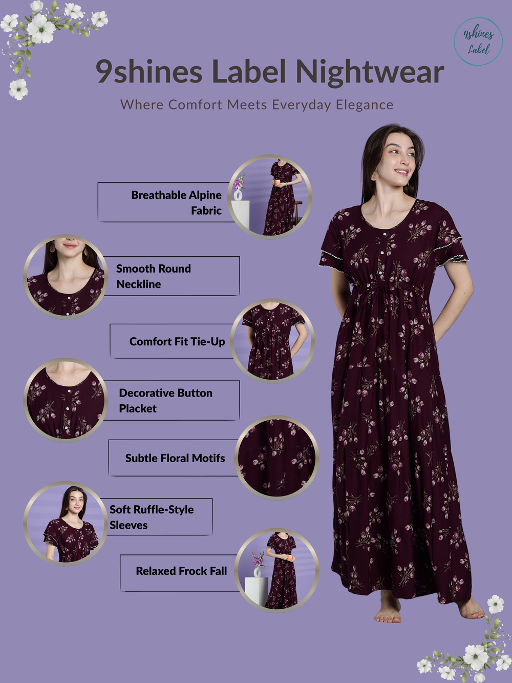 Elegant fit berry wine floral alpine nighty for women