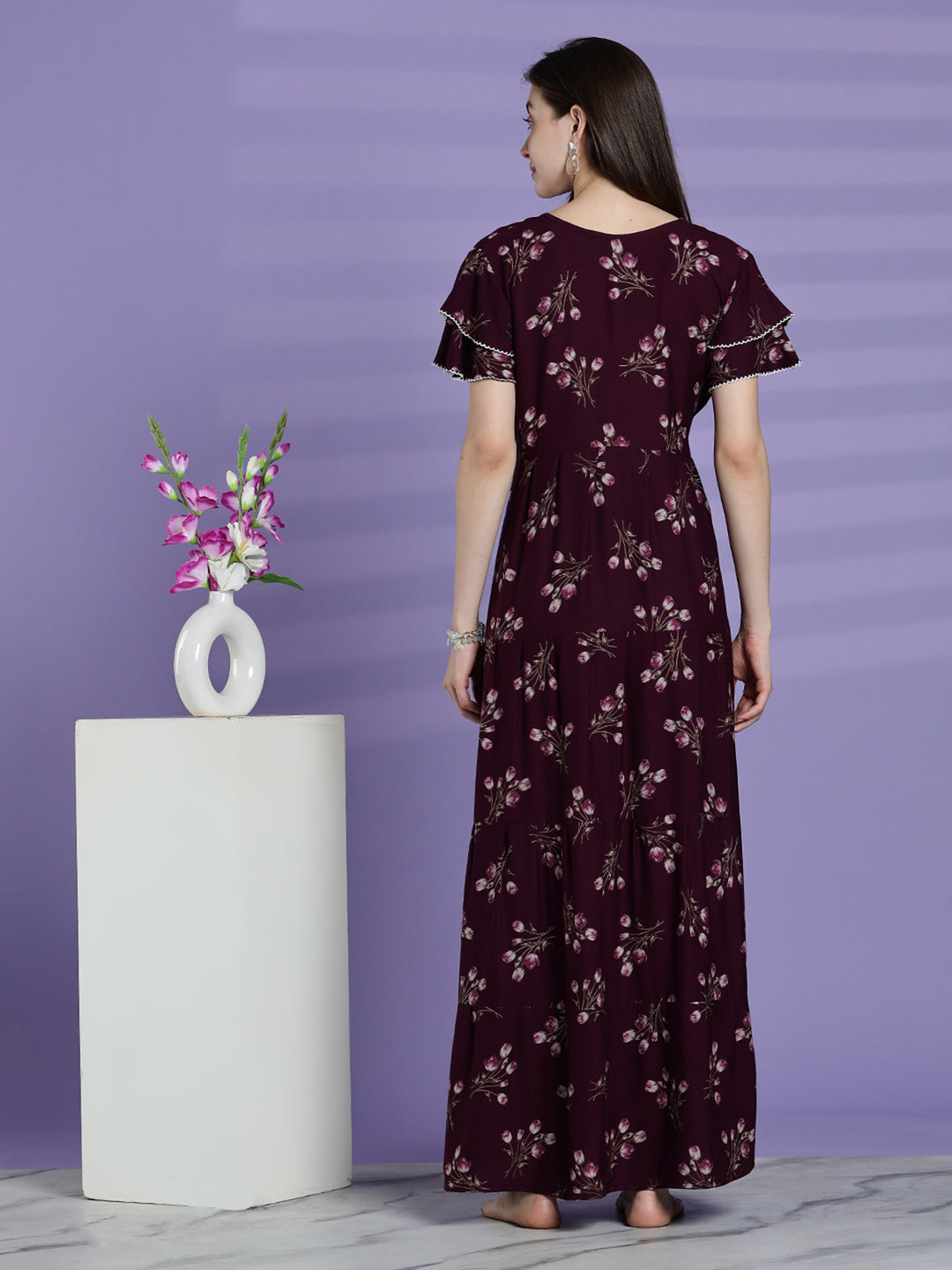 Elegant fit berry wine floral alpine nighty for women