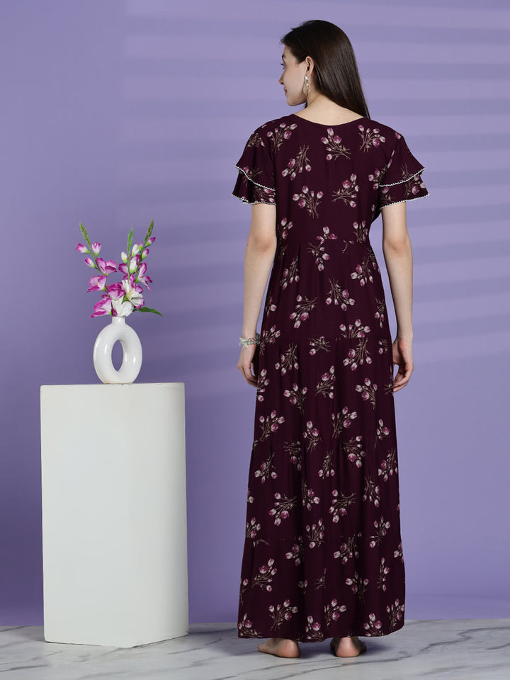 Elegant fit berry wine floral alpine nighty for women