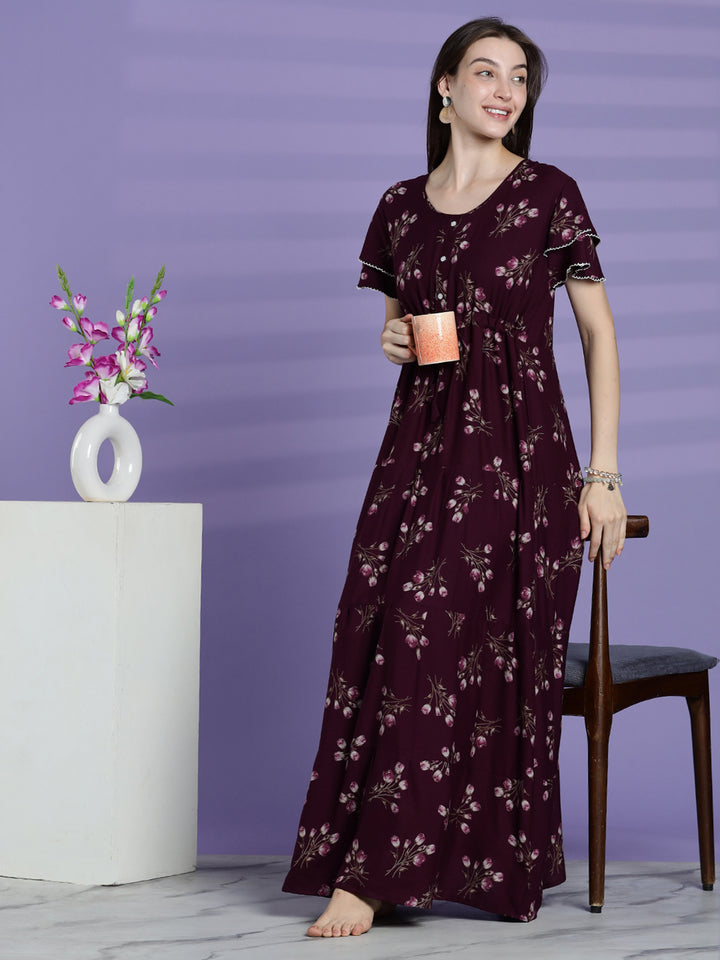 Elegant fit berry wine floral alpine nighty for women