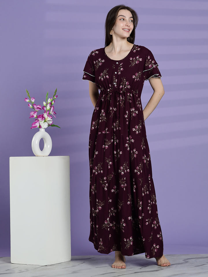 Elegant fit berry wine floral alpine nighty for women