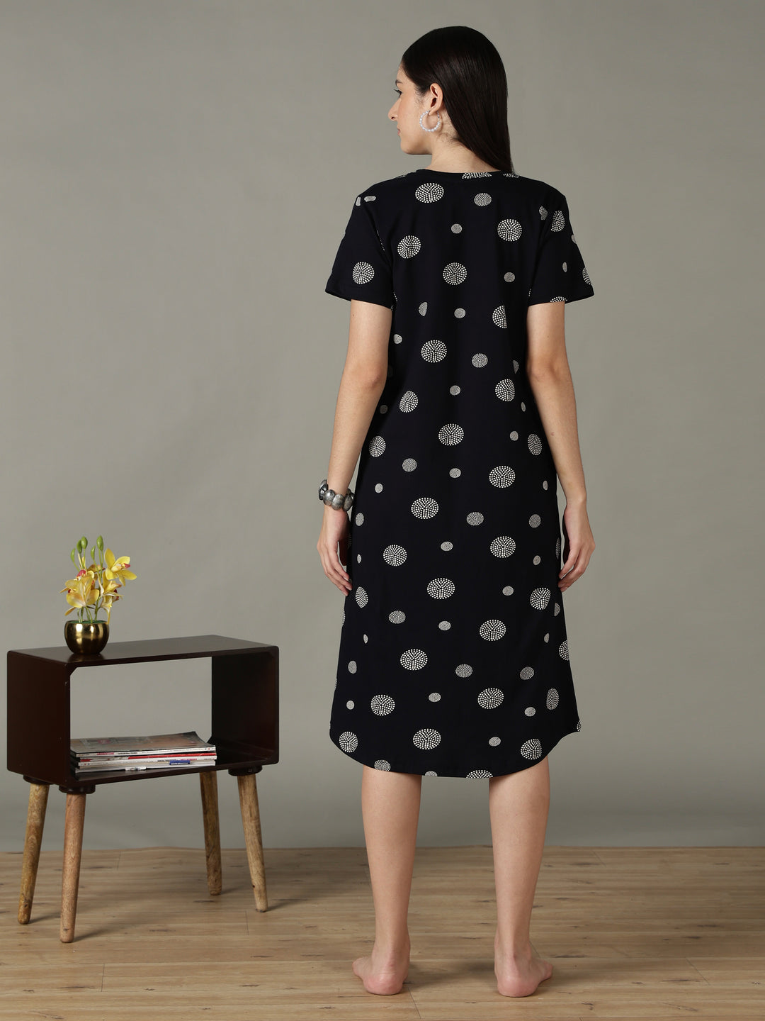Black dot printed short night dress for women in soft comfortable fabric