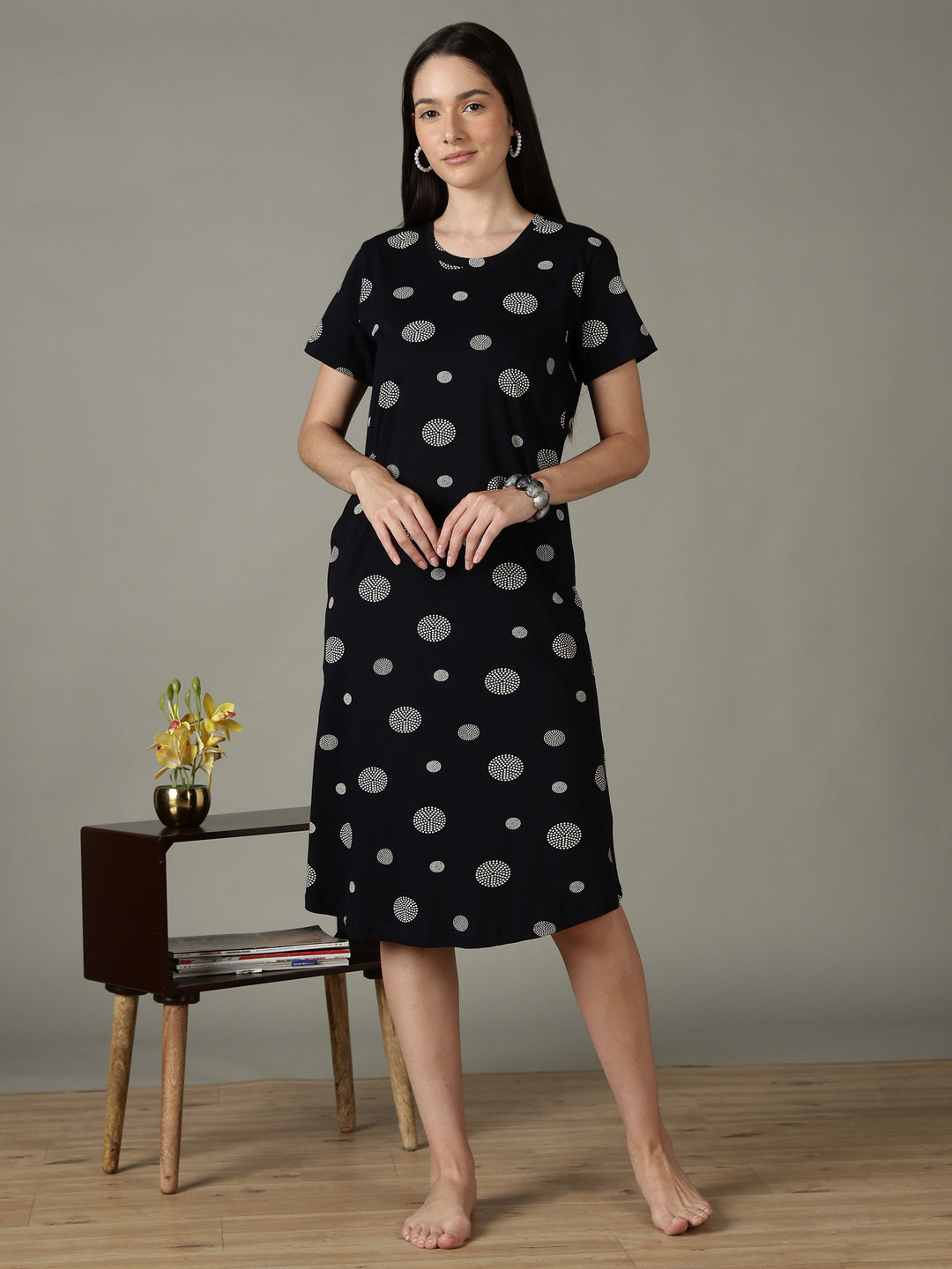 Black dot printed short night dress for women in soft comfortable fabric
