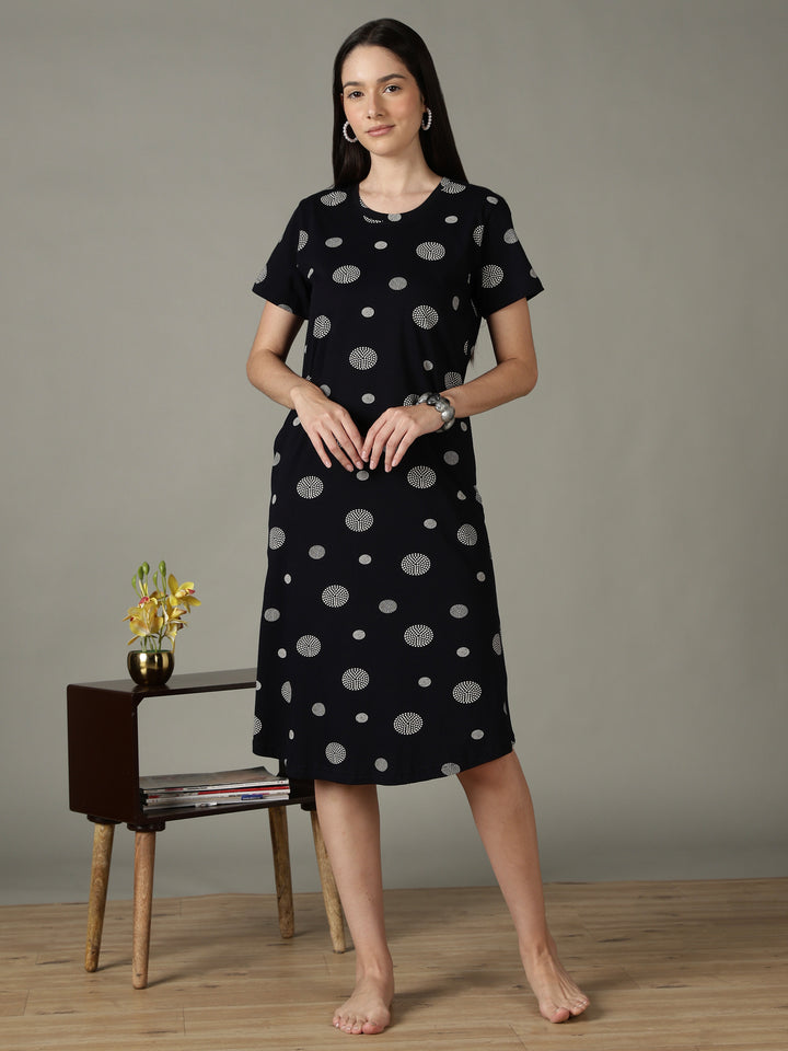 Black dot printed short night dress for women in soft comfortable fabric