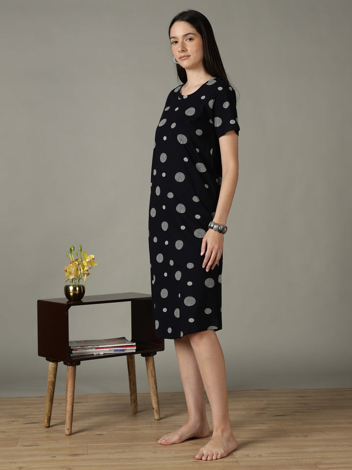 Black dot printed short night dress for women in soft comfortable fabric