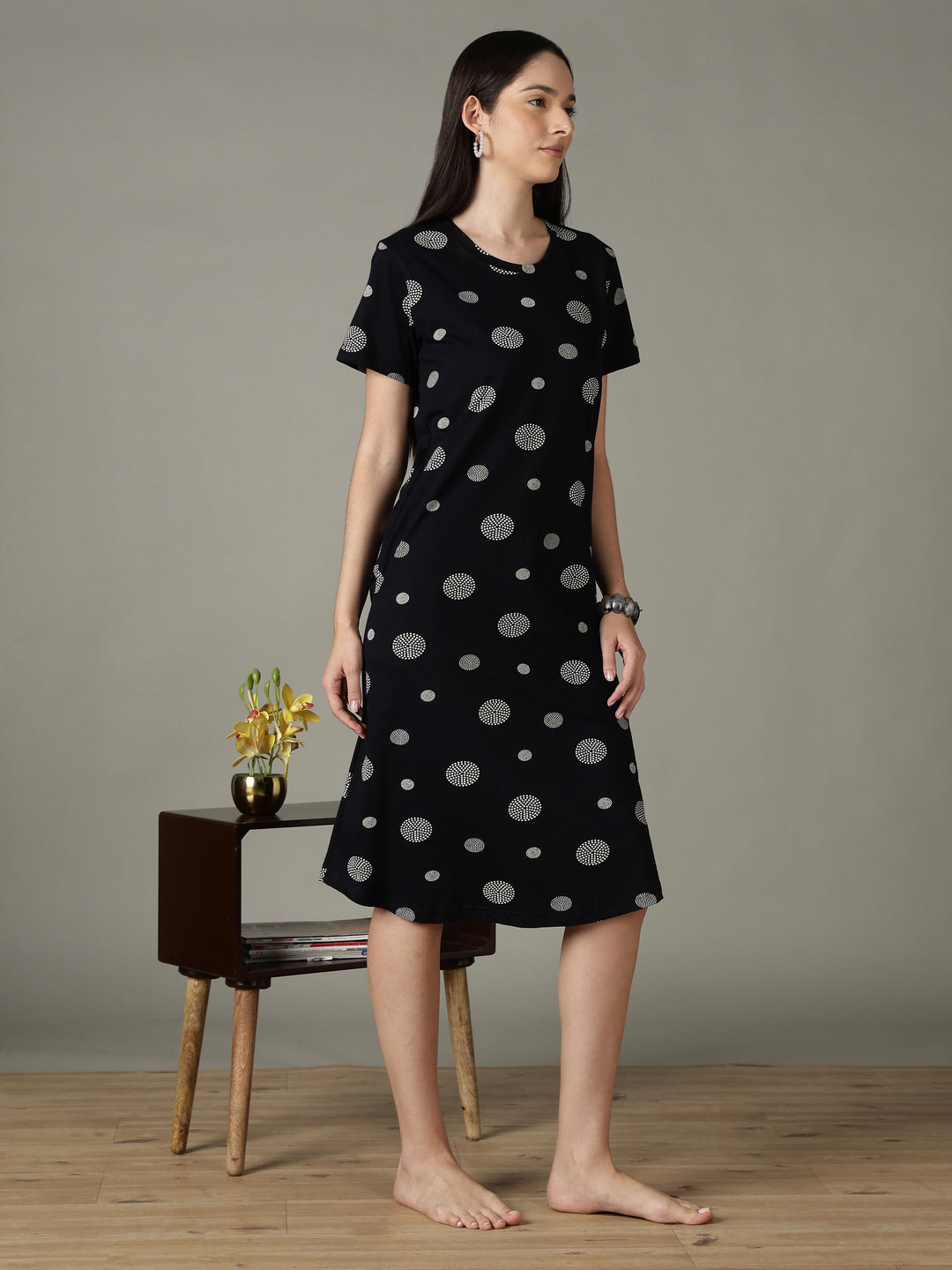 Black dot printed short night dress for women in soft comfortable fabric