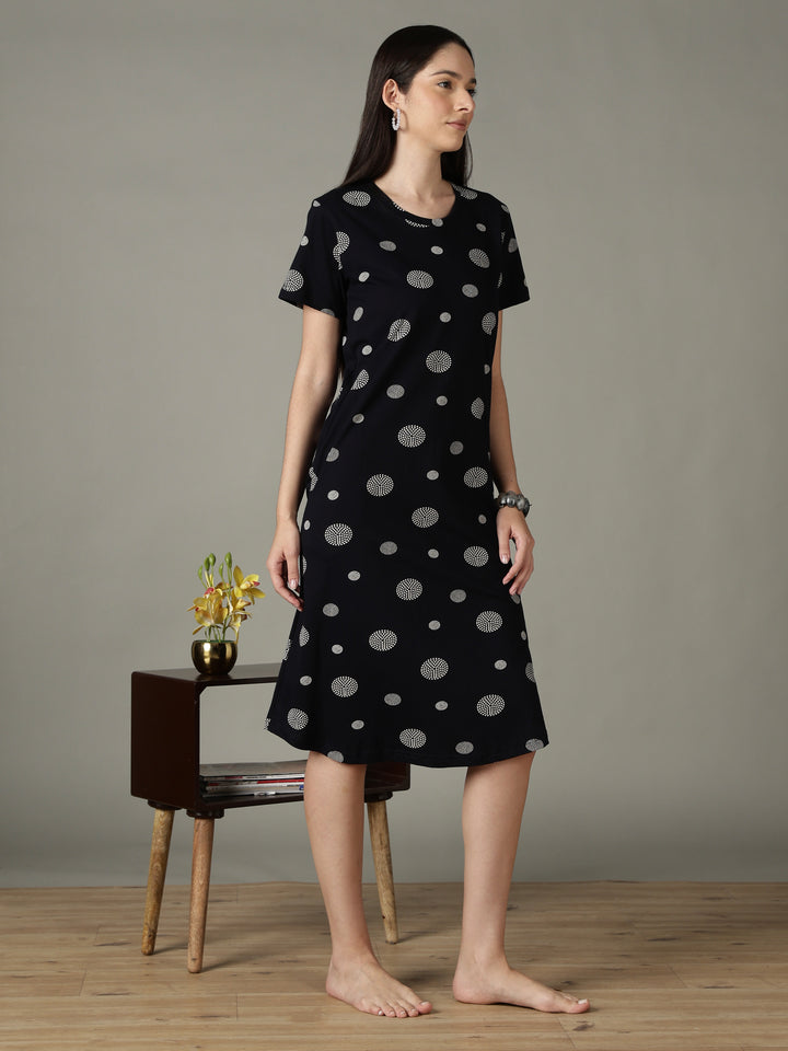 Black dot printed short night dress for women in soft comfortable fabric