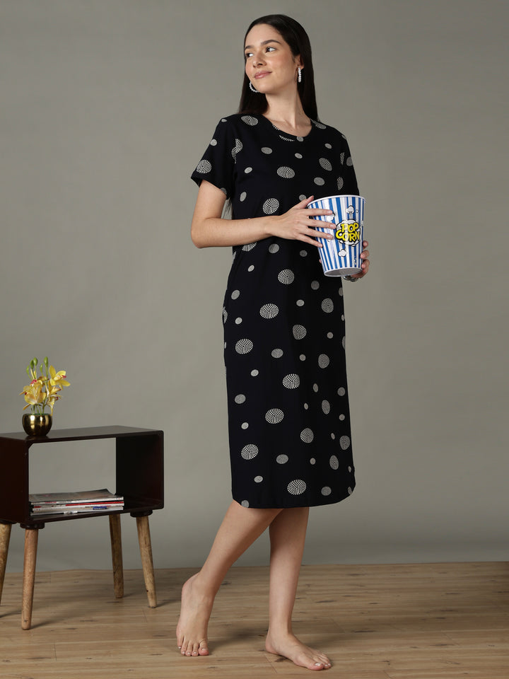 Black dot printed short night dress for women in soft comfortable fabric