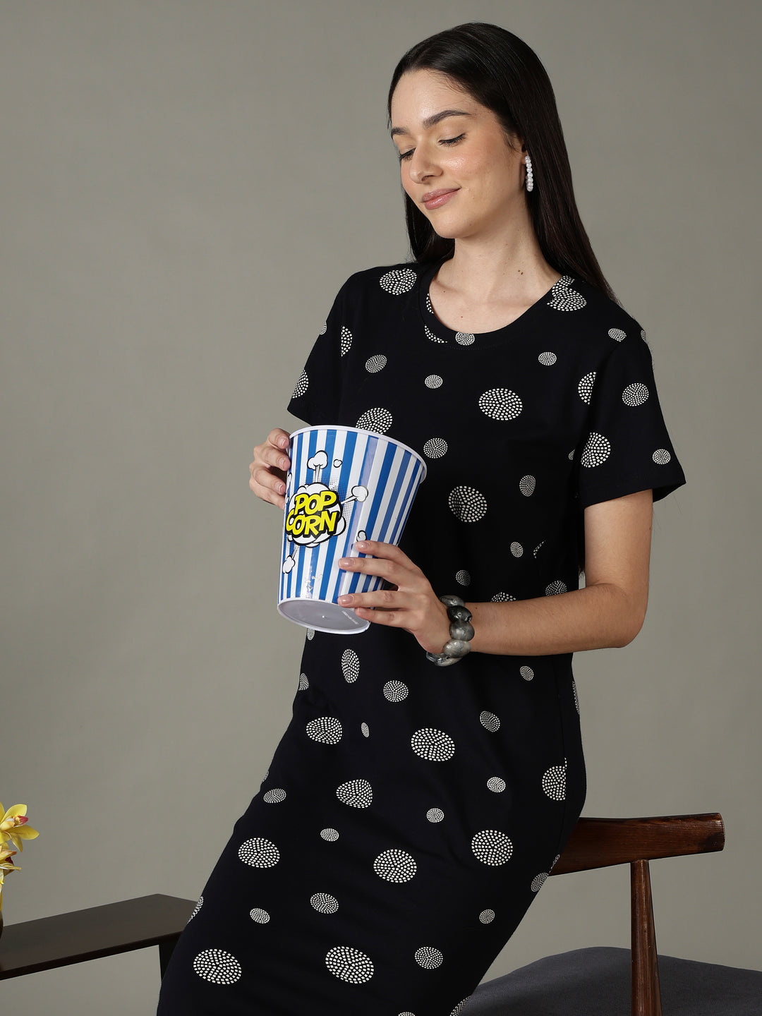 Black dot printed short night dress for women in soft comfortable fabric