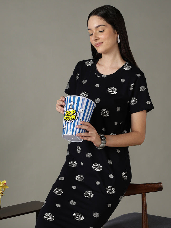 Black dot printed short night dress for women in soft comfortable fabric