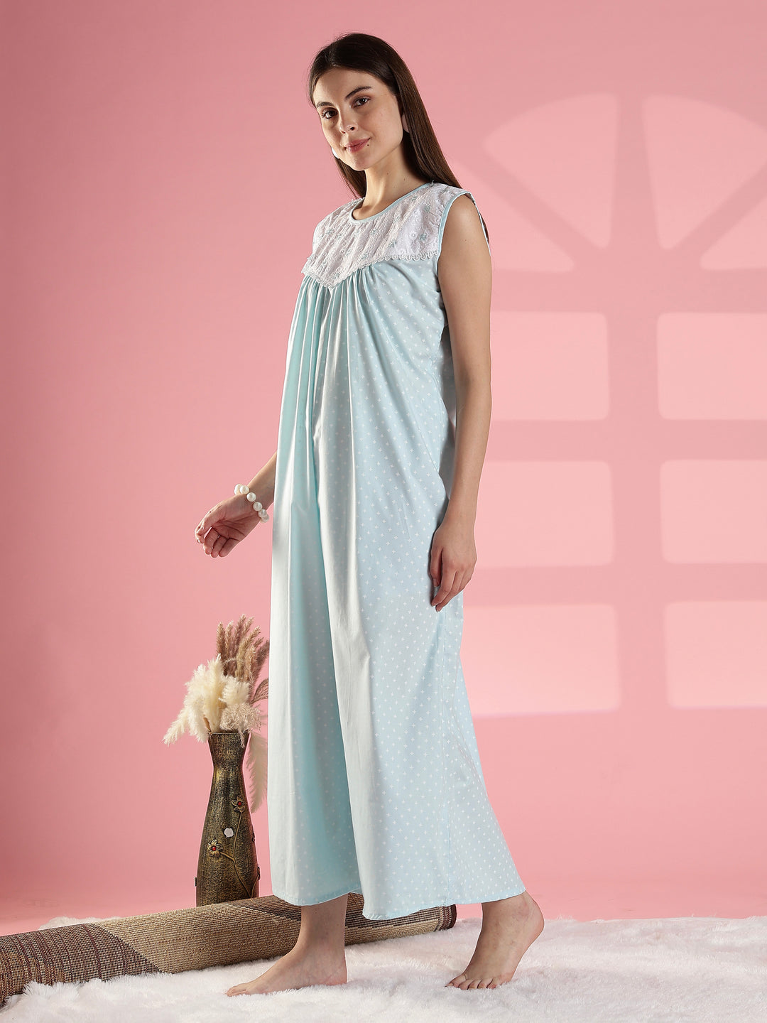 Sky blue soft breathable cotton sleeveless nighty dress for women
