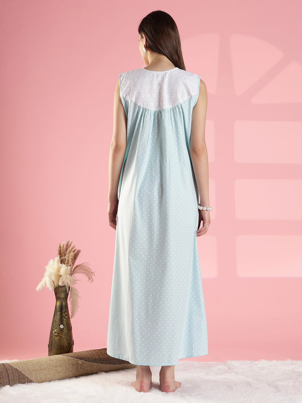 Sky blue soft breathable cotton sleeveless nighty dress for women