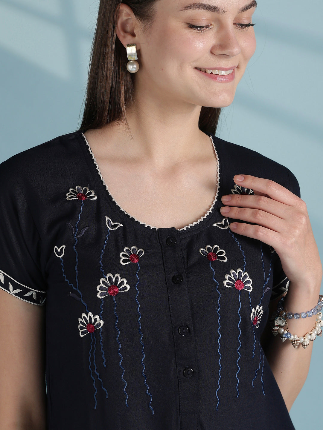 Soft alpine designer nighty for women with front buttons