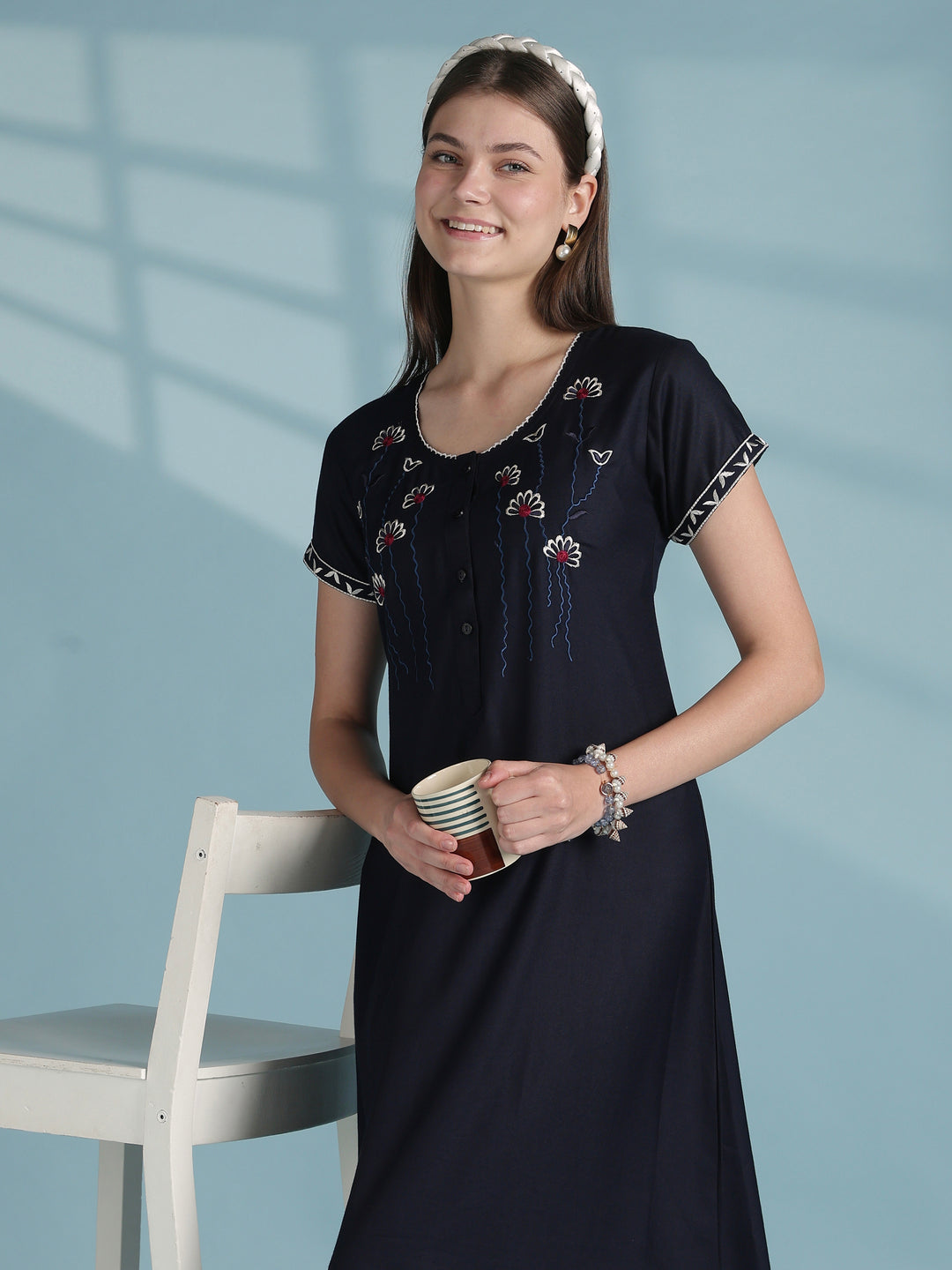 Soft alpine designer nighty for women with front buttons