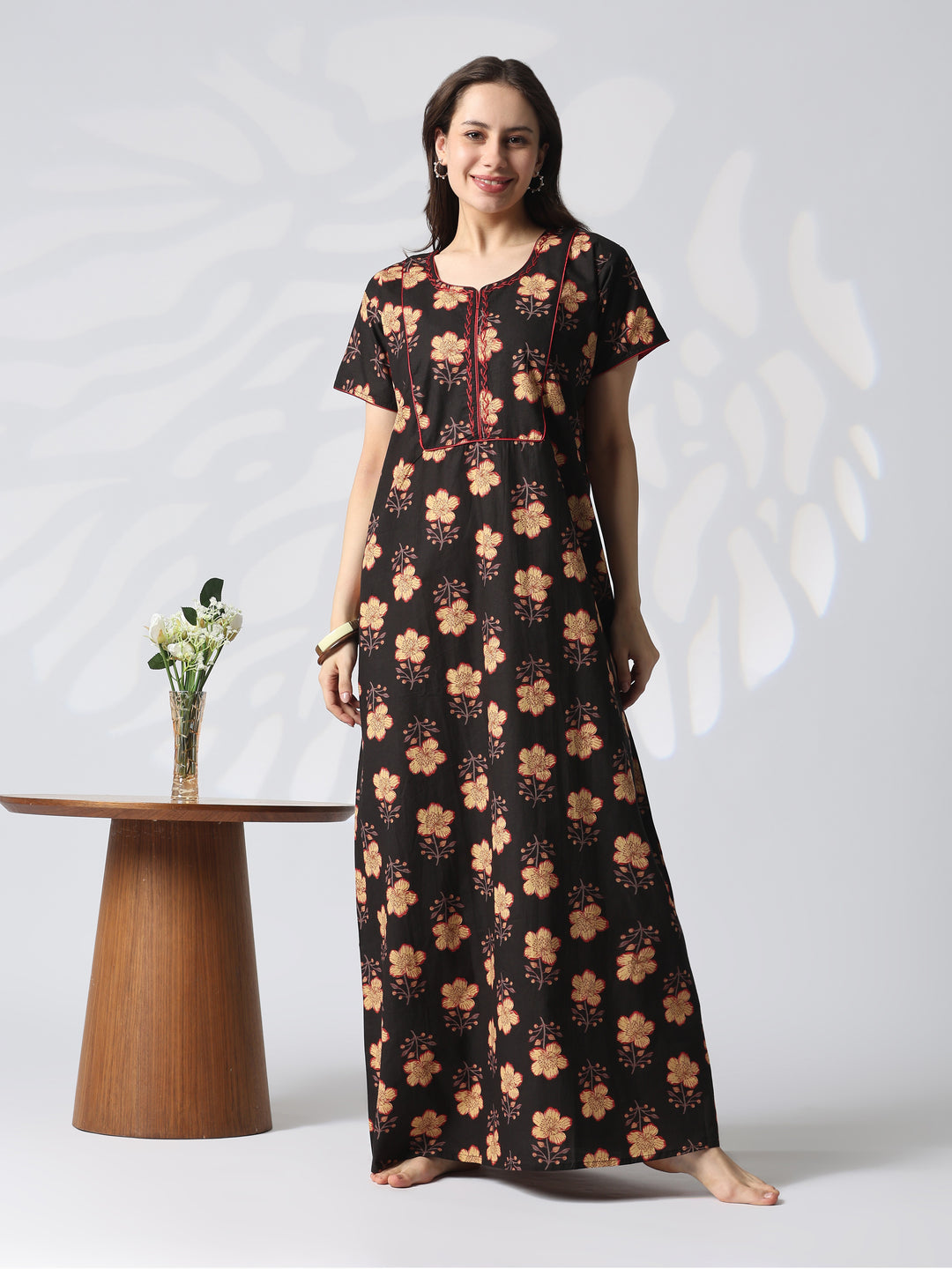 Pure cotton designer nighty for women in mahek black