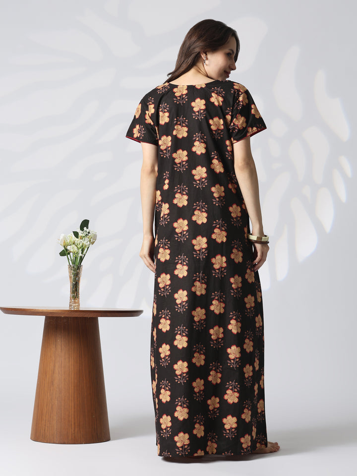 Pure cotton designer nighty for women in mahek black