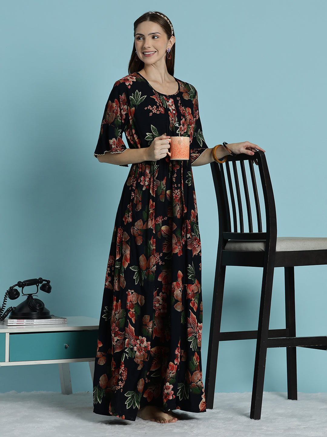 Black frock type nighty for women with floral print In rayon