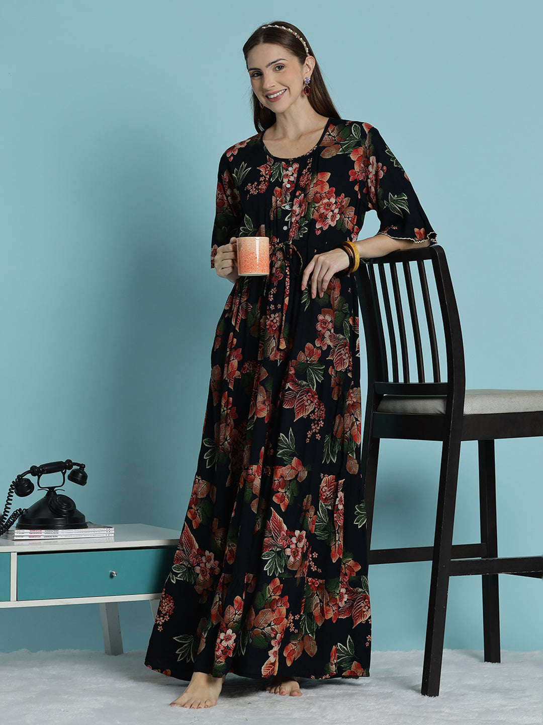 Black frock type nighty for women with floral print In rayon