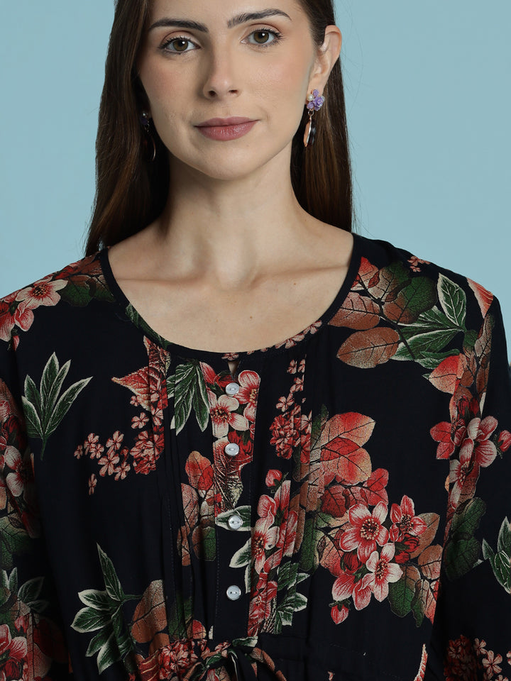 Black frock type nighty for women with floral print In rayon