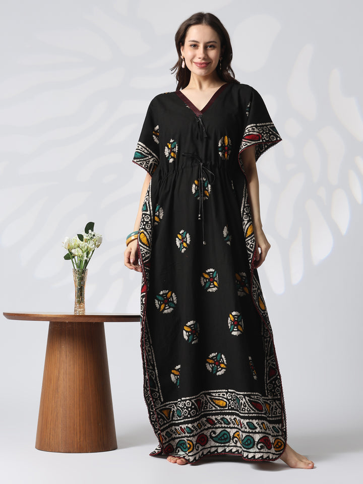 Black batik cotton kaftan nighty for women online