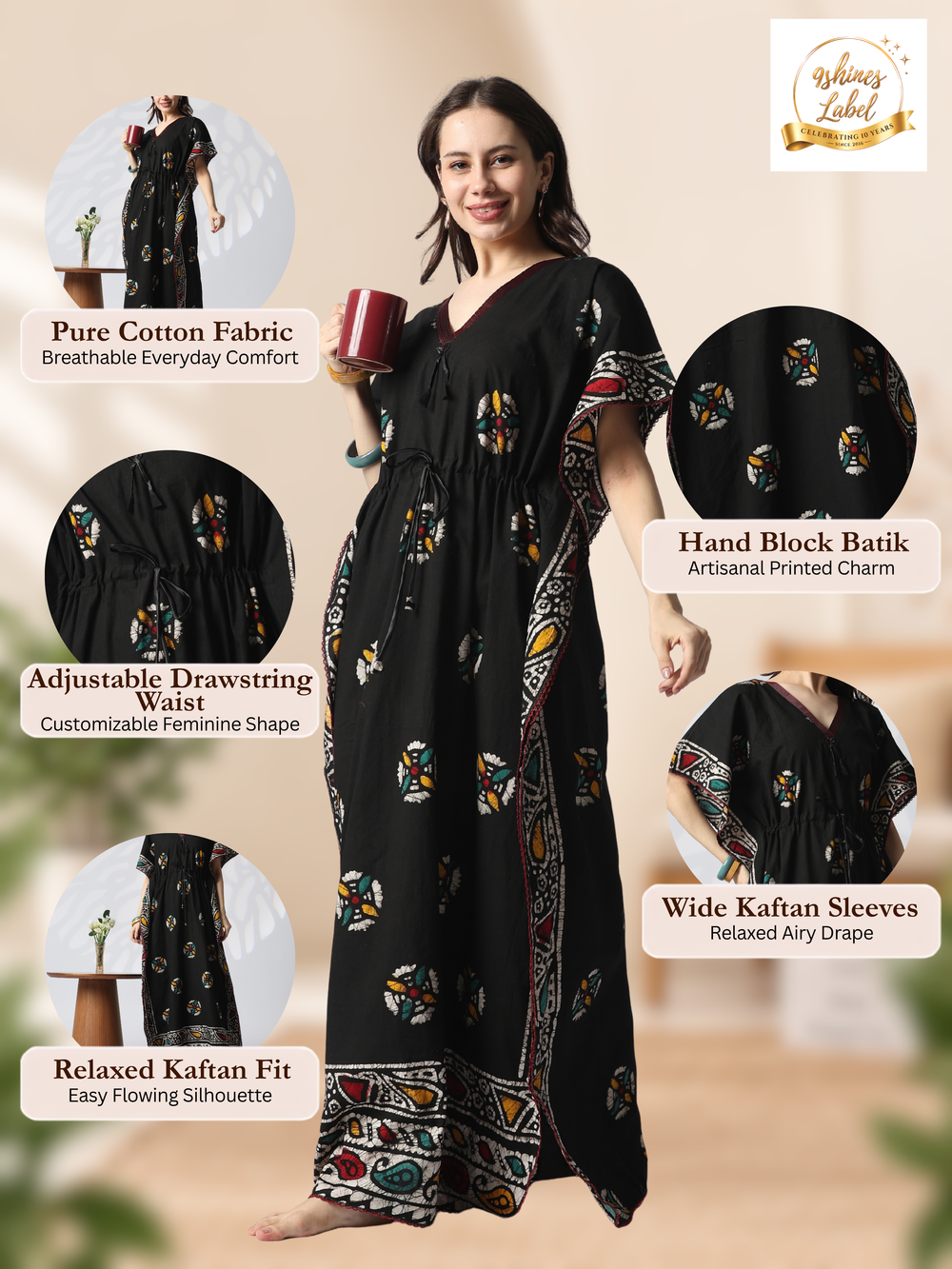 Black batik cotton kaftan nighty for women online