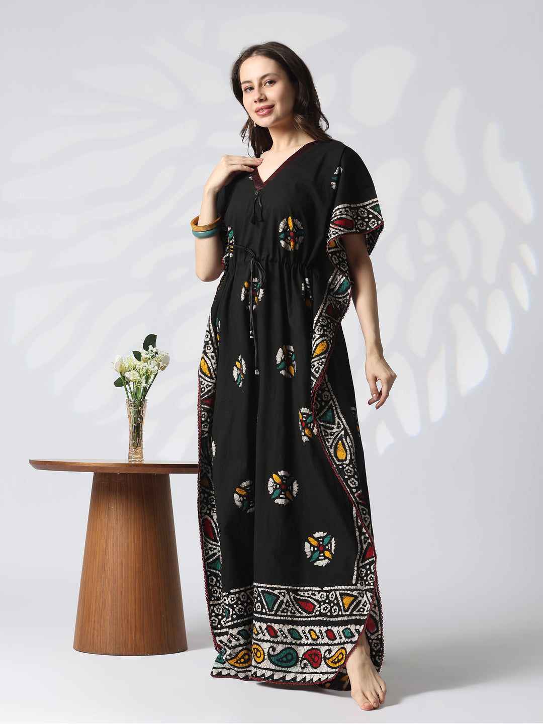 Black batik cotton kaftan nighty for women online